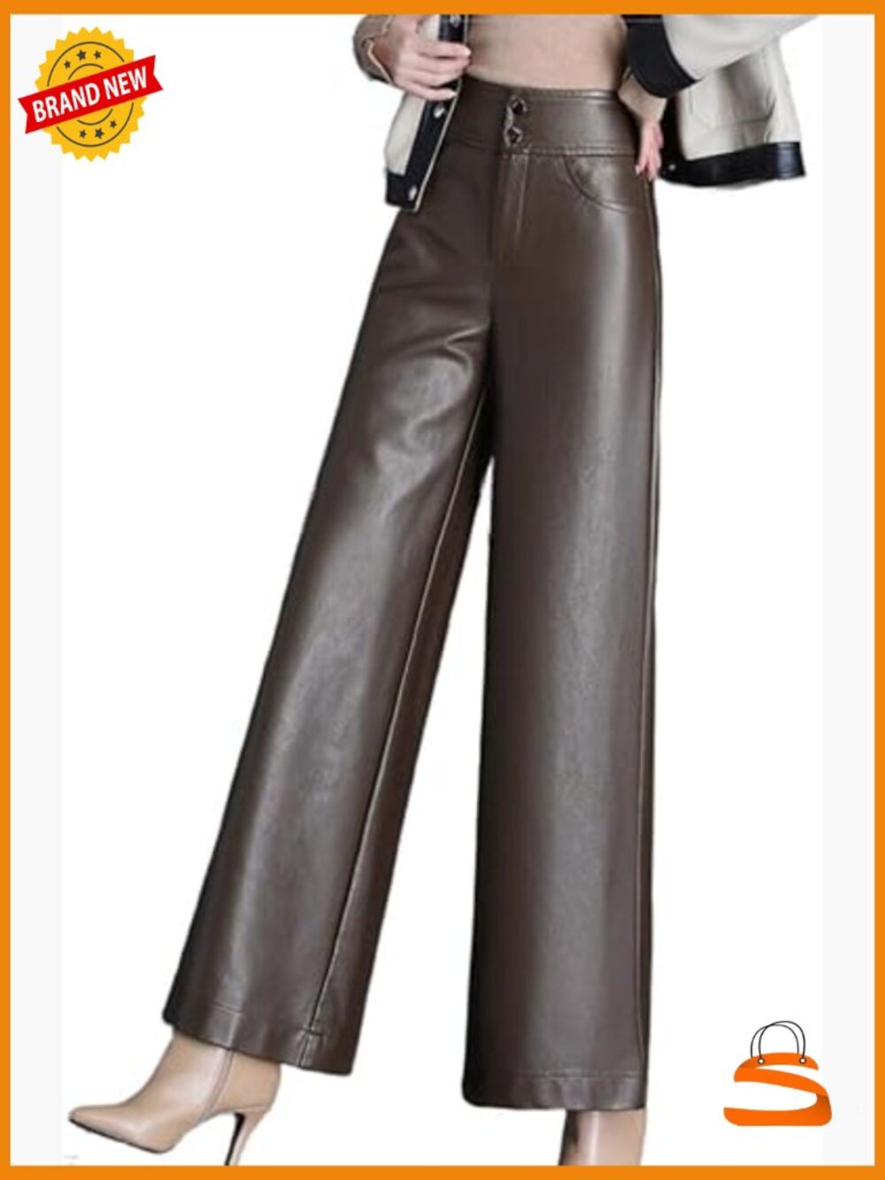 High Waist Wide Leg Faux Leather Pants Women's Loose Fit Palazzo - Picture 1 of 3